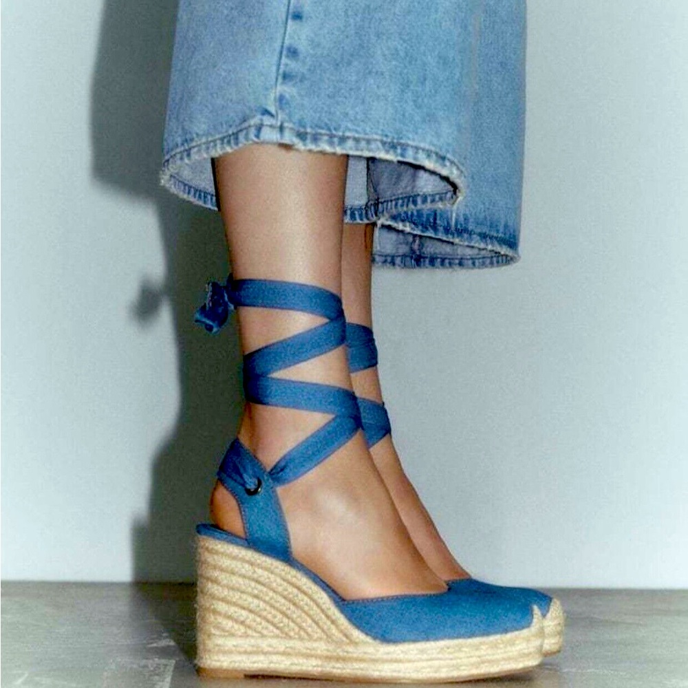 ZARA Tied Blue Denim Wedge Heel Shoes Platforms Lace Up Size 5 /36